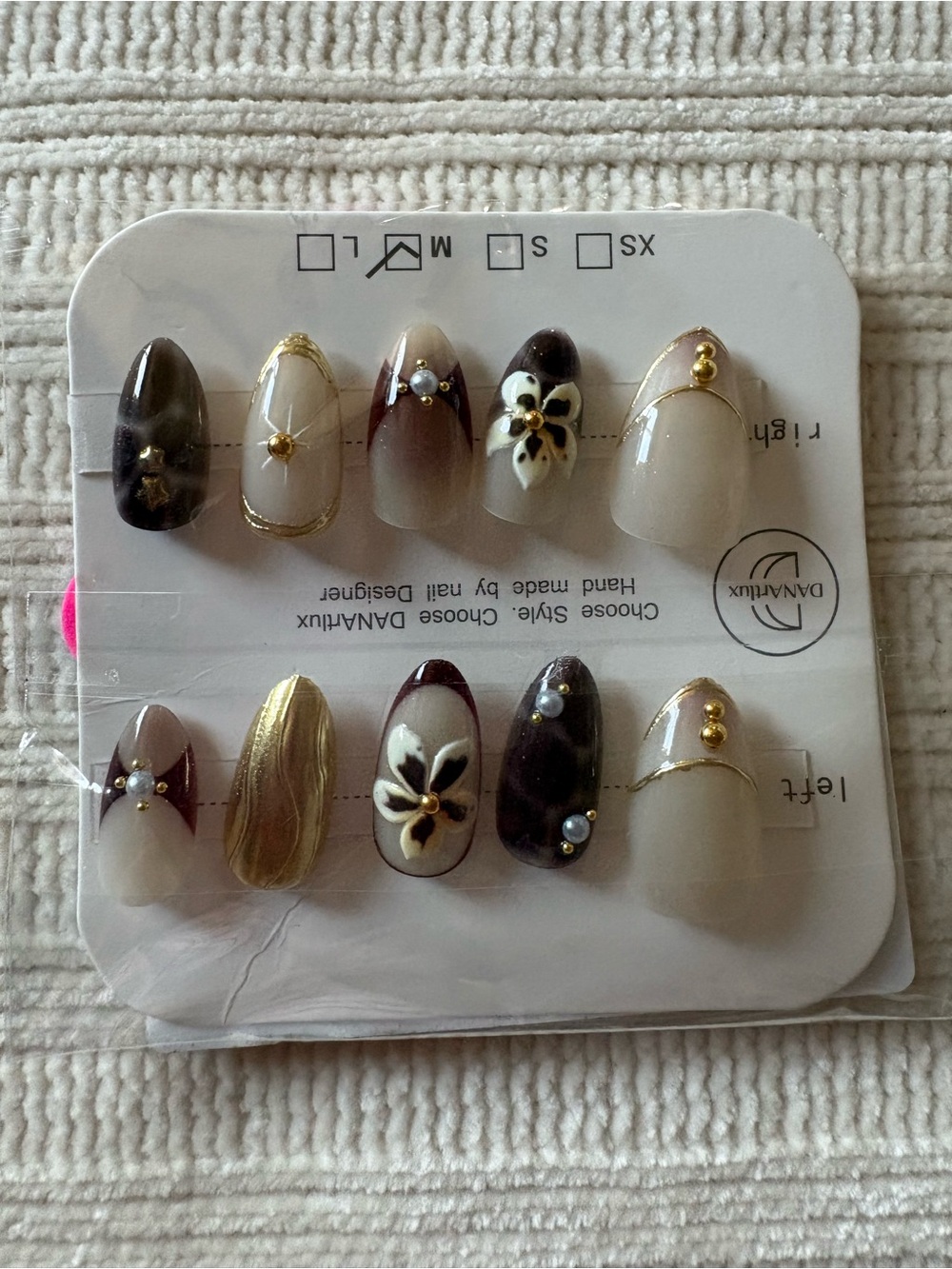 Luxury Floral Accent Press-On Nails in Brown, Gold & Cream Size Medium